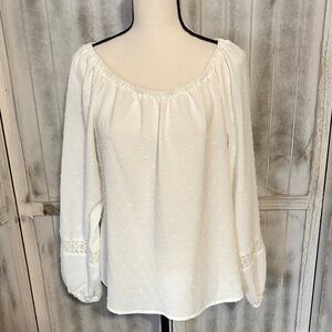 FRYE AND CO. Swiss Dot Peasant Blouse with Lace Accents
